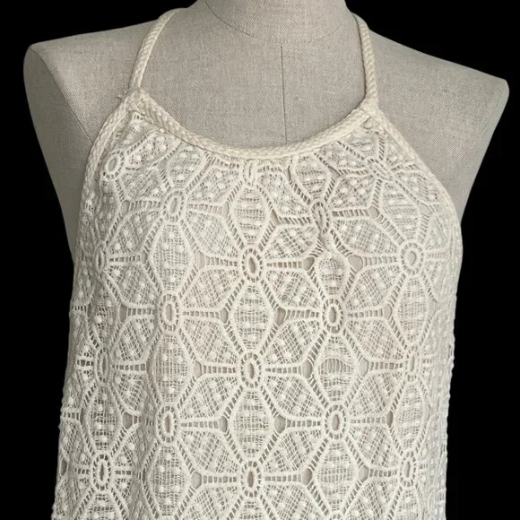 Solitaire Cream Sleeveless Halter Top Crochet Overlay Racerback Womens Size L ? - Picture 2 of 8